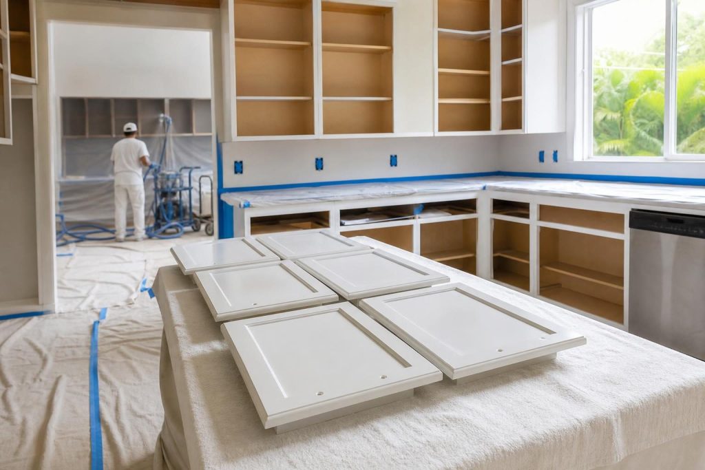 Kitchen cabinets being prepared for a cabinet painting project in a Naples home